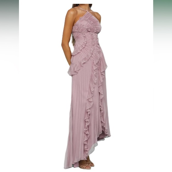 amazon pleated ruffle flowy chiffon hater neck maxi dress - Picture 2 of 12